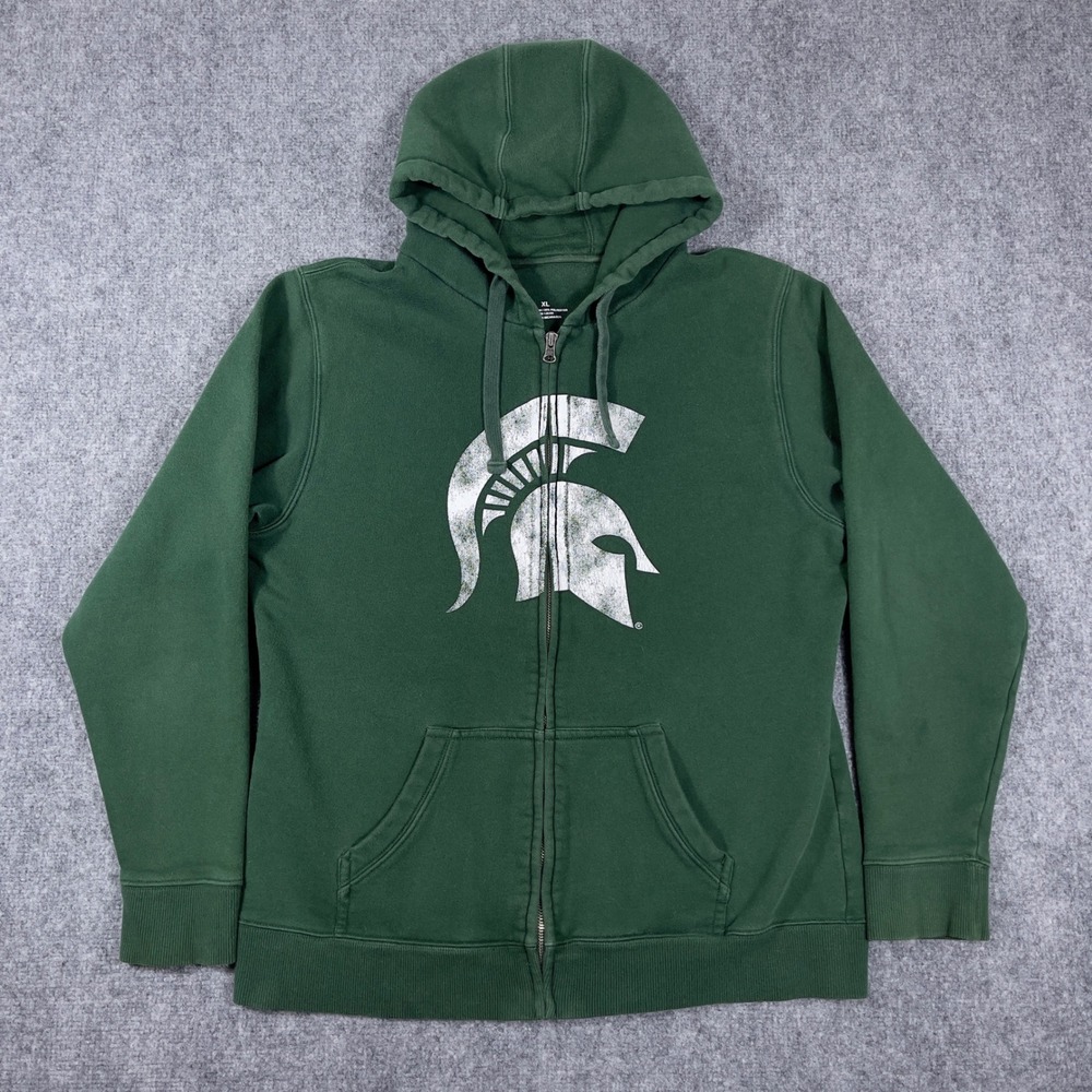 Michigan State Spartans Full Zip Hoodie Mens XL Green Distressed Graphic Logo